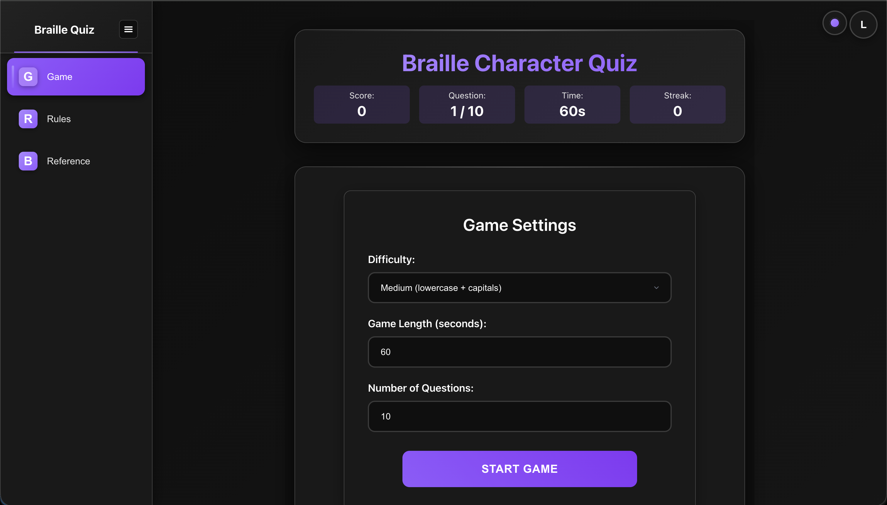 Braille Character Quiz Game