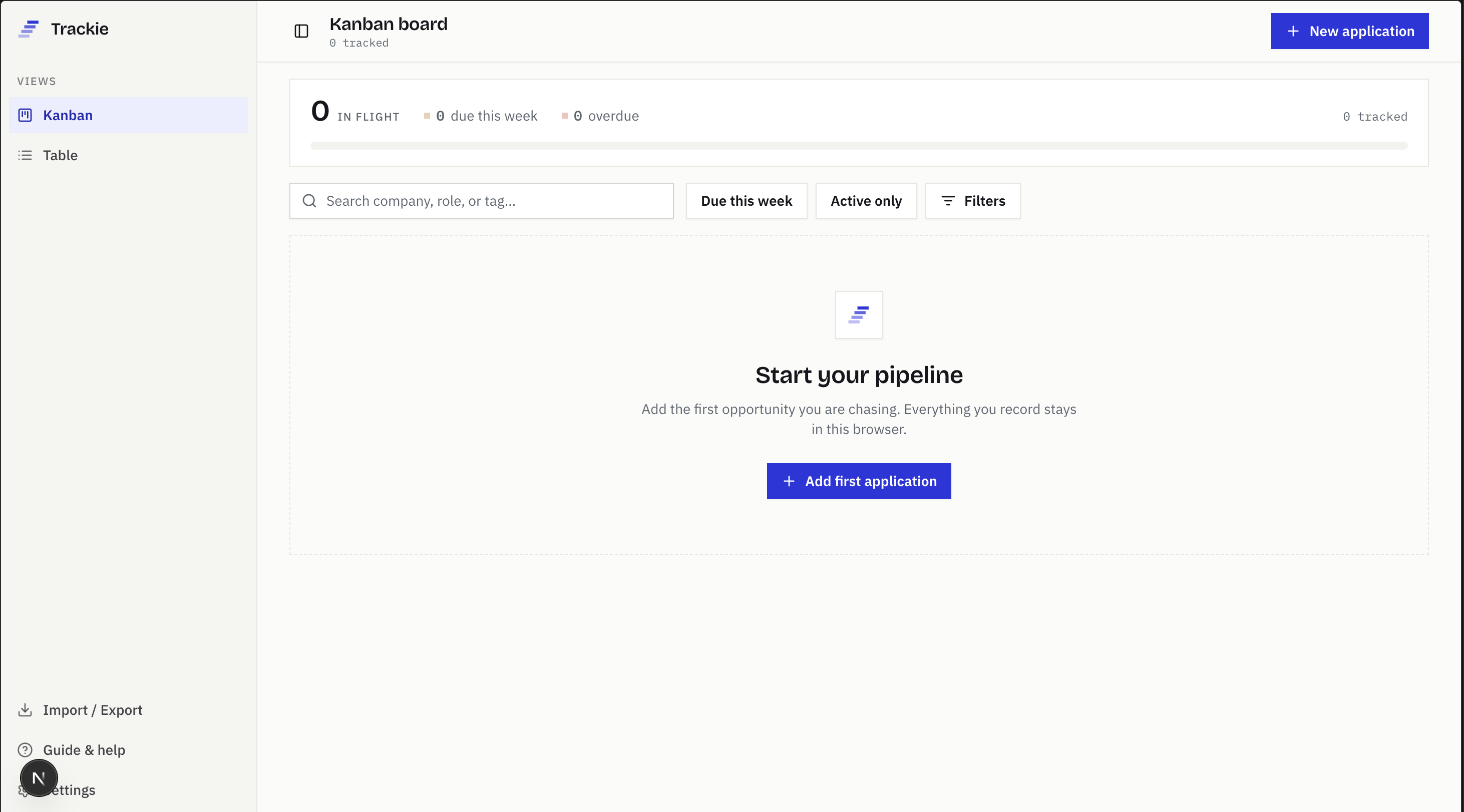 Trackie job application Kanban board